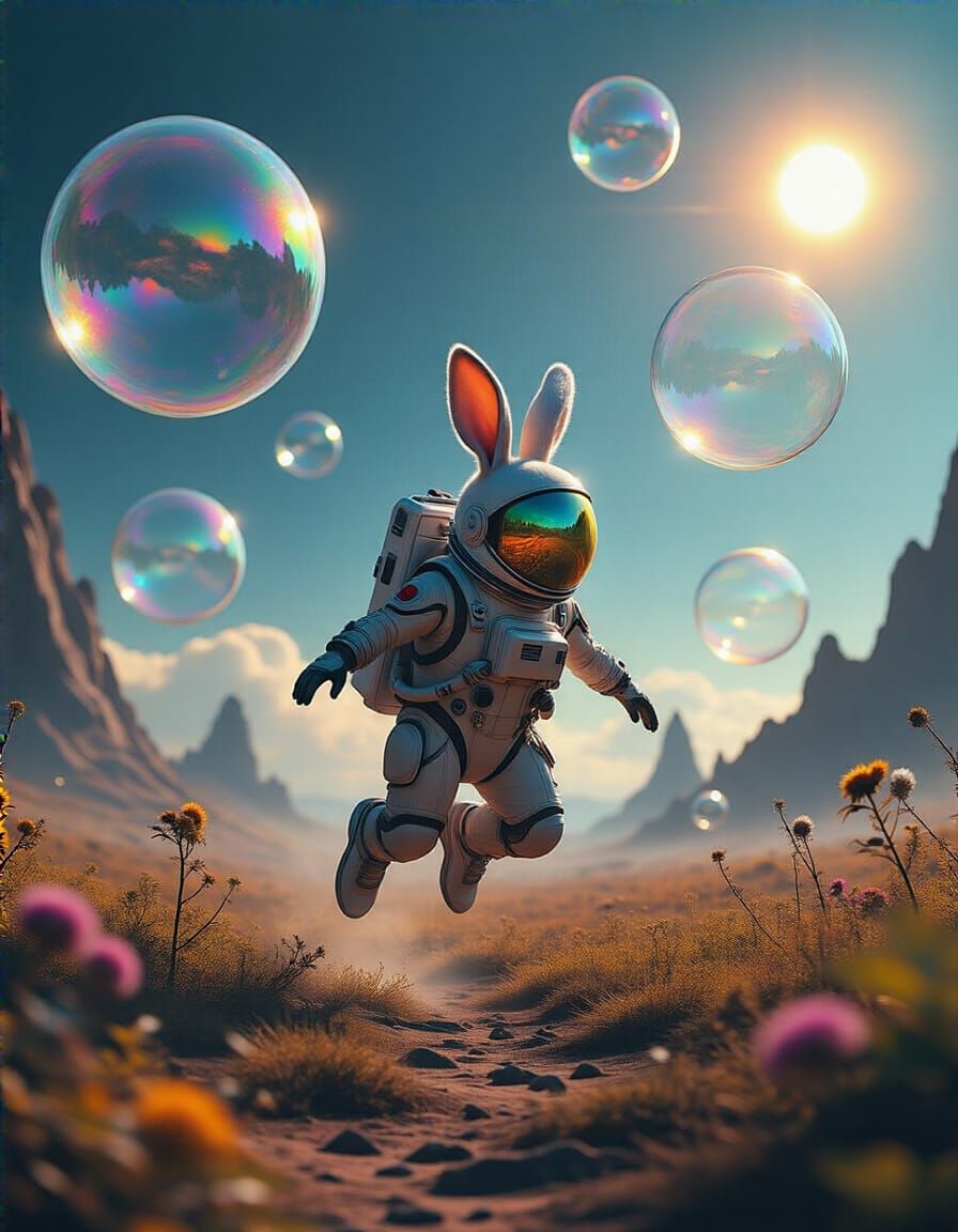 Rabbit Astronaut Bouncing Through Bubbles on Alien Planet