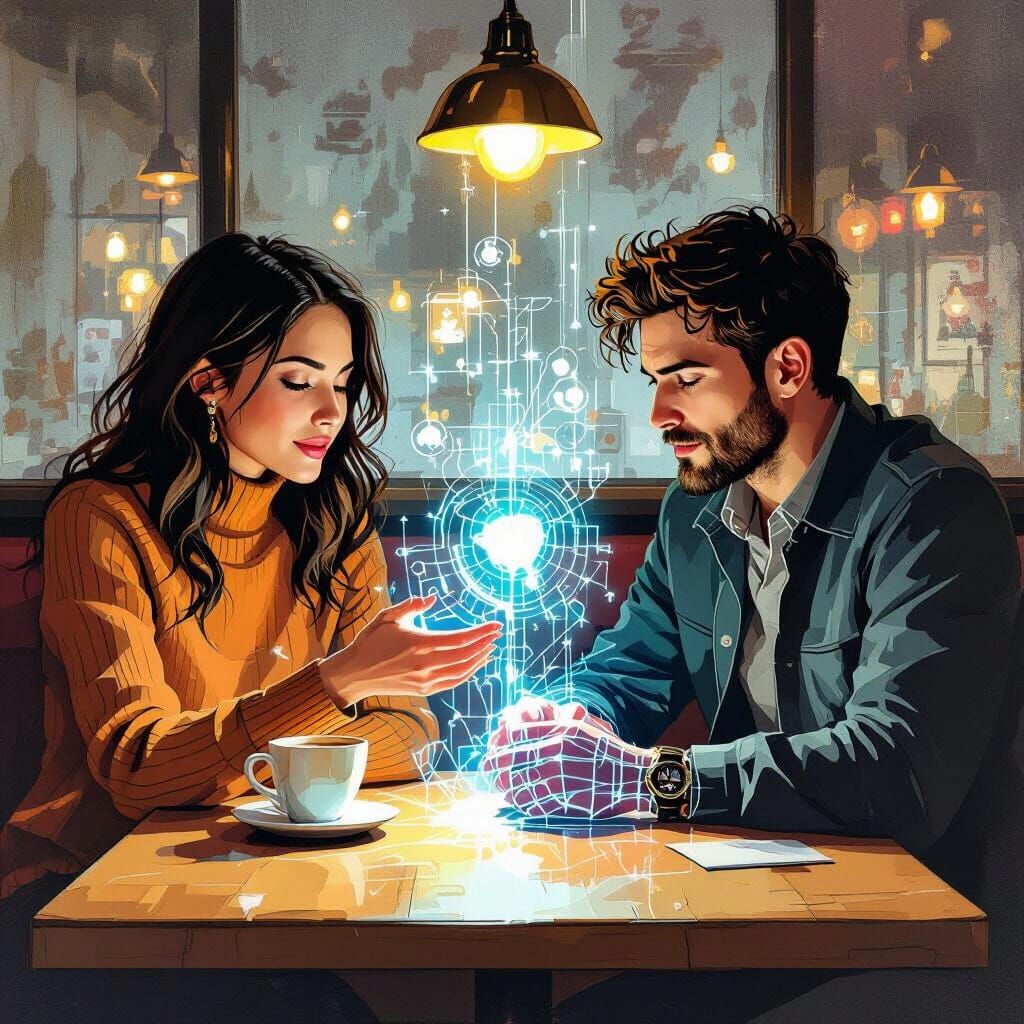 Digital Hands Meet in Bogota Cafe: Philosophical Comic Art