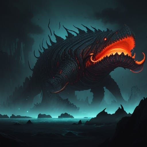 Mysterious Deep-Sea Creature in Dark, Eerie Scene