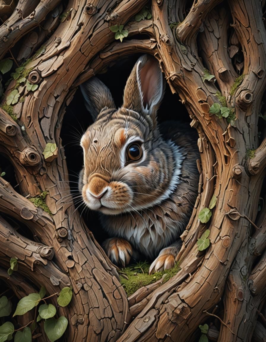 Cute Bunny Sleeps in Old Oak: Hyperreal Digital Art