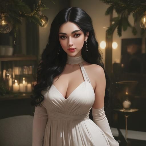 Elegant Woman in Black Dress, Candlelit Christmas