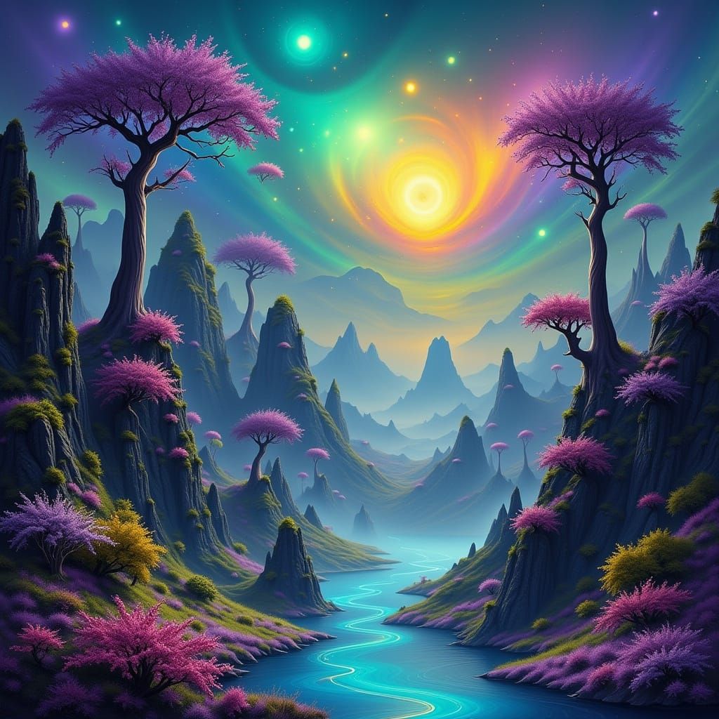 A surreal dreamscape with purple hues