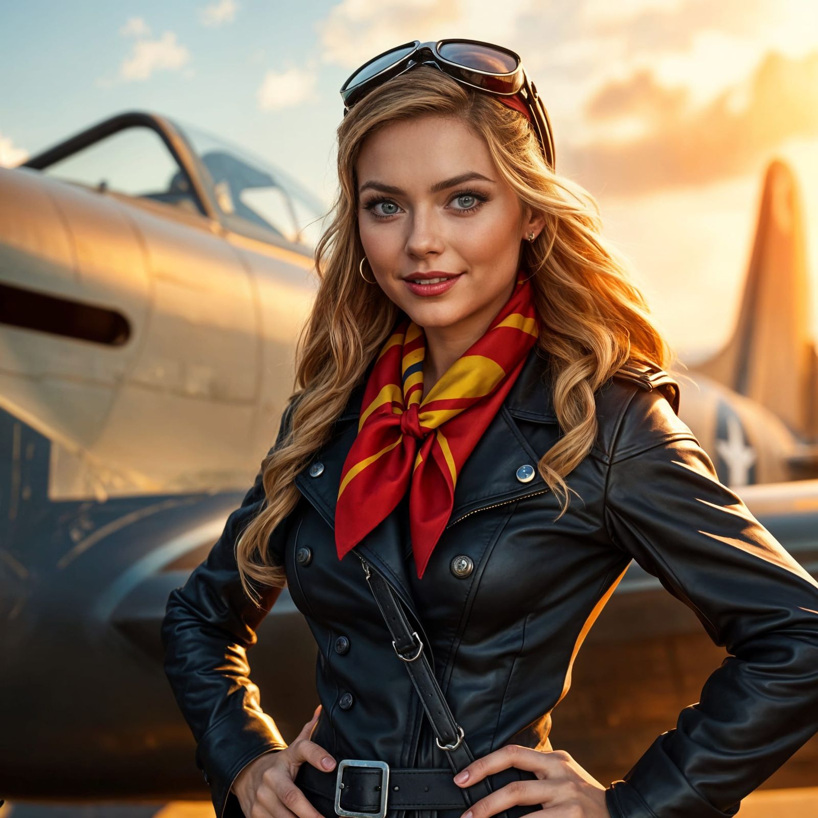 WWII Pilot Pin-Up with Spitfire in Hyperrealistic Style