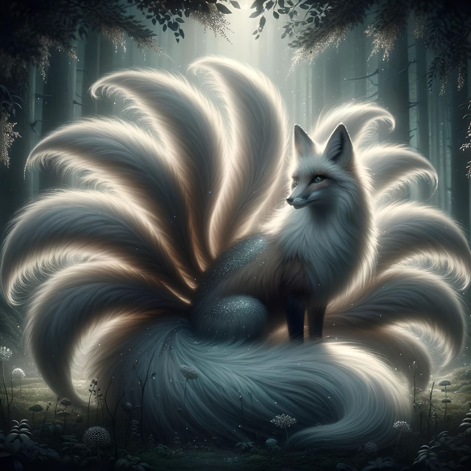 Mystical Nine-Tailed Fox in Forest