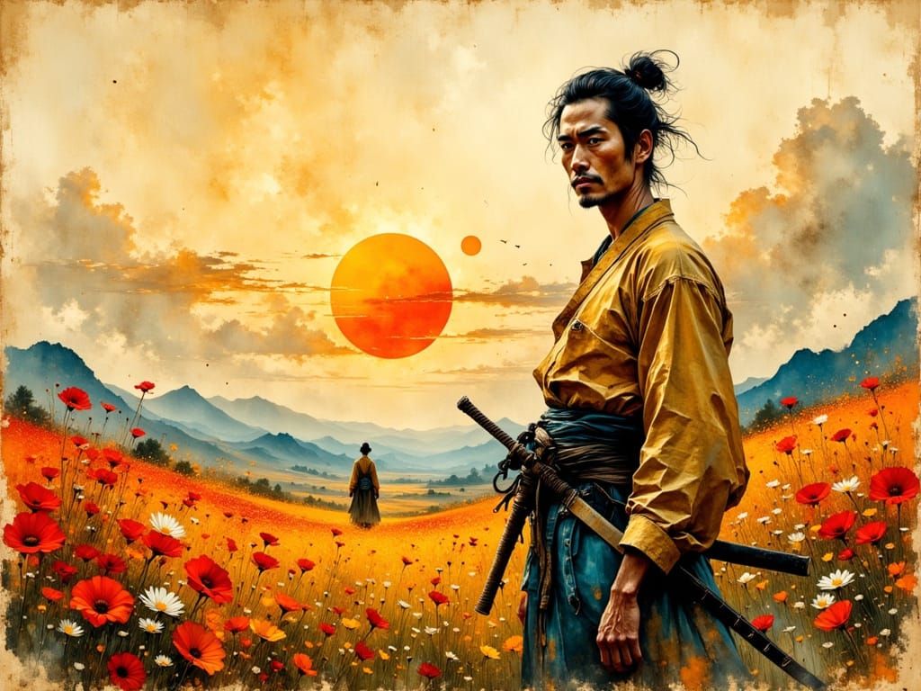 Determined Samurai Stands in a Vibrant Wildflower Field