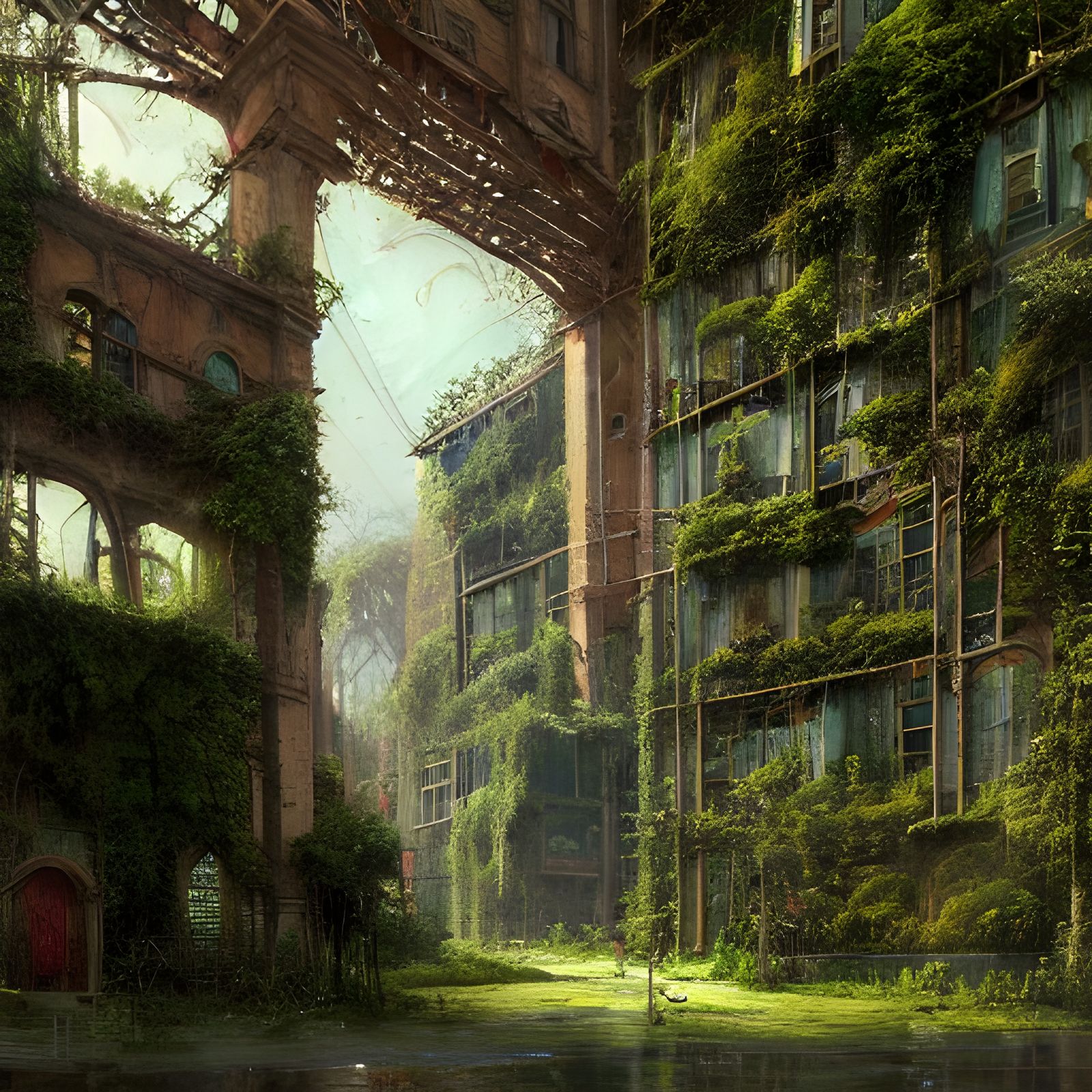 Overgrown City Oil Painting in Hyperrealistic Style
