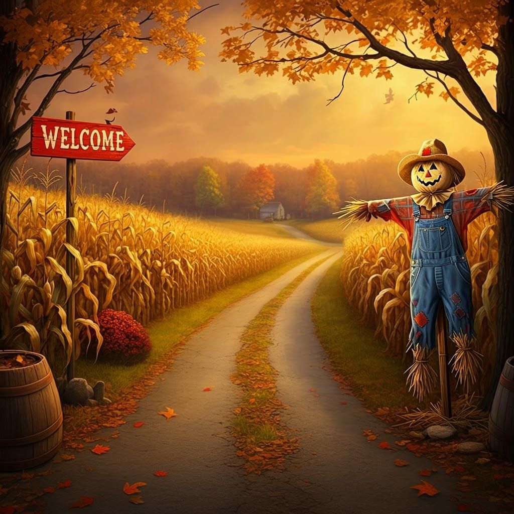 Cornfield Scene with Scarecrow in Folk Art Style