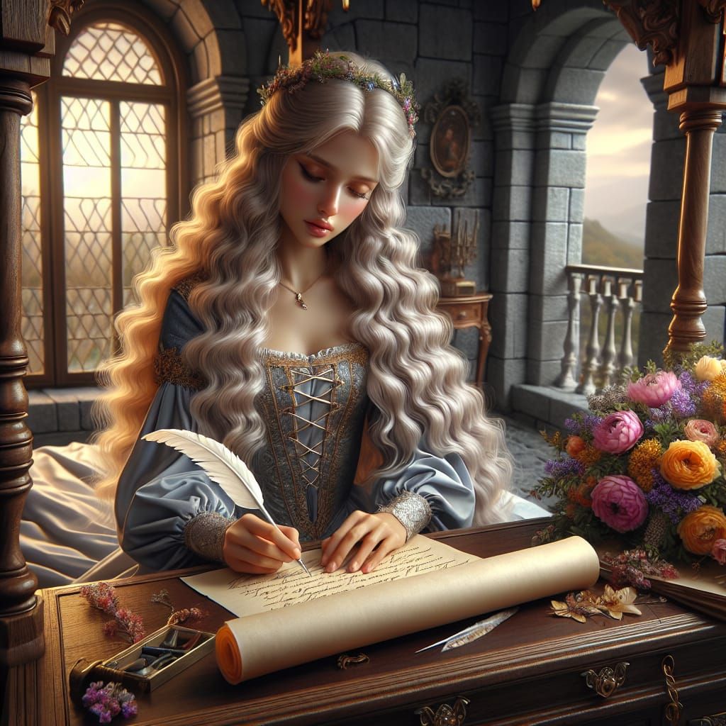Princess Writing Letter in Tower at Sunset