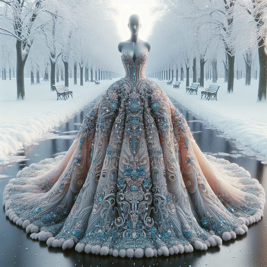 Long, full, flowing, ball gown displayed on mannequin in a s...