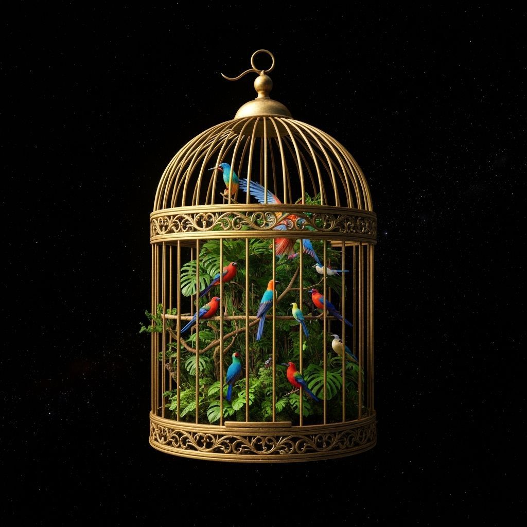 Ornate Birdcage With Miniature Rainforest in Cosmic Void