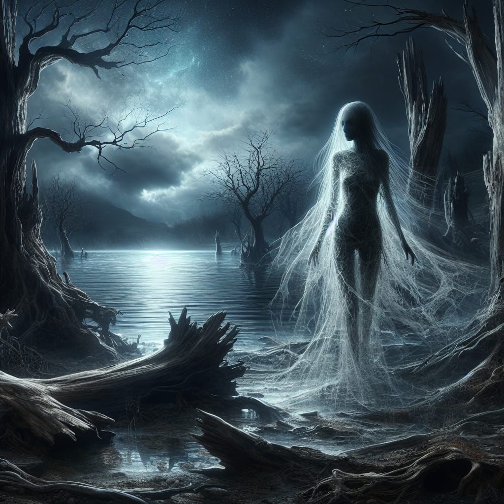 Ethereal Woman in Dark Forest by Shimmering Lake