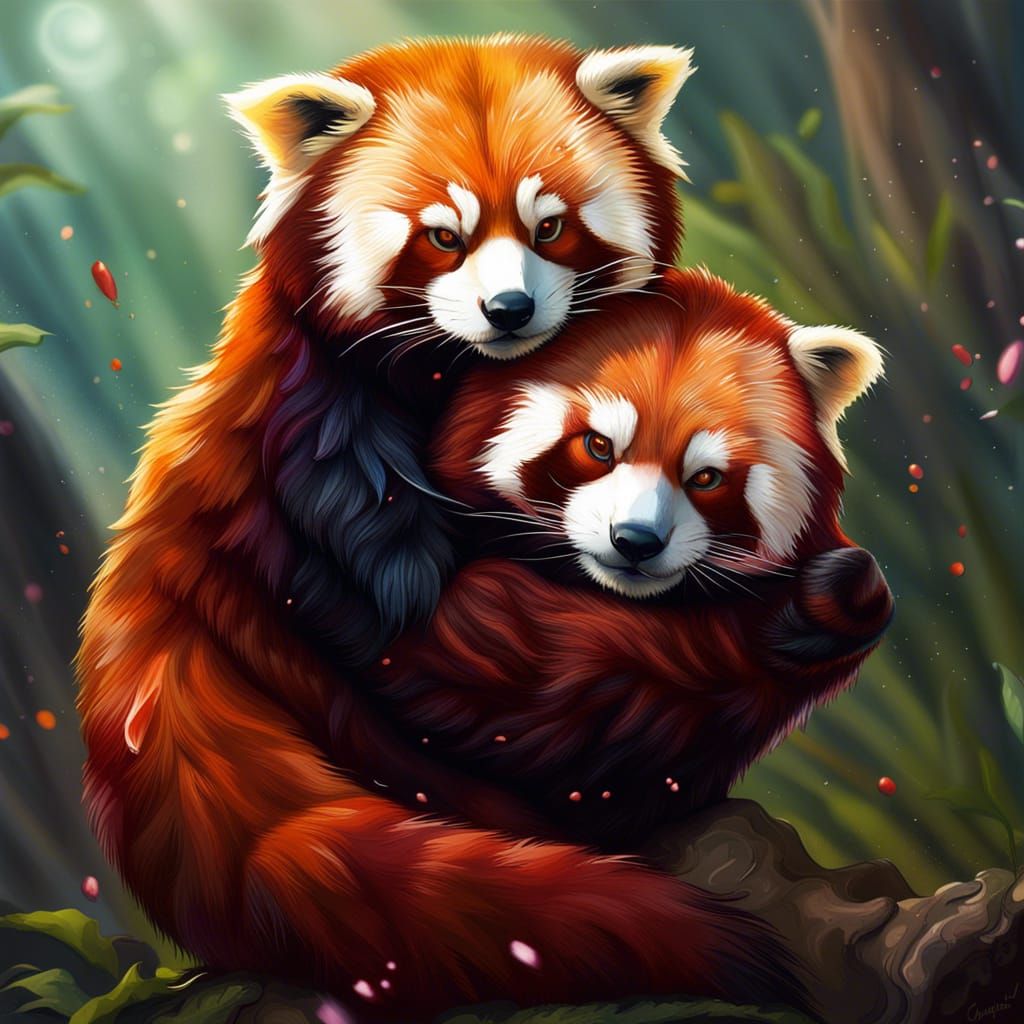 Hyperrealistic Red Pandas Hugging