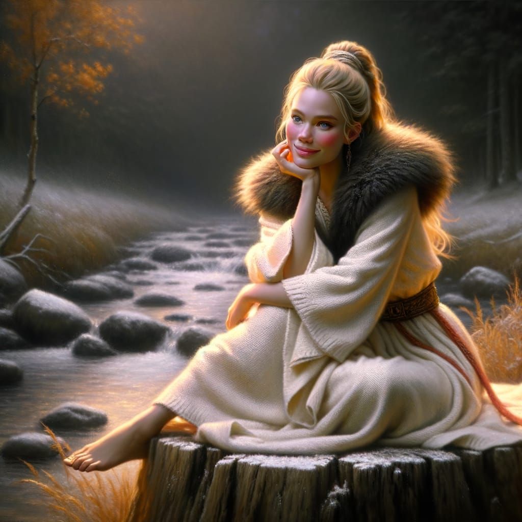 Norse Goddess in Moonlit Autumn Snow