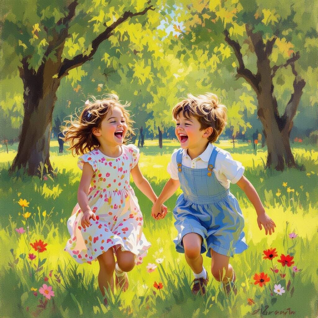 Joyful Siblings Laughing in a Sun-Drenched Park