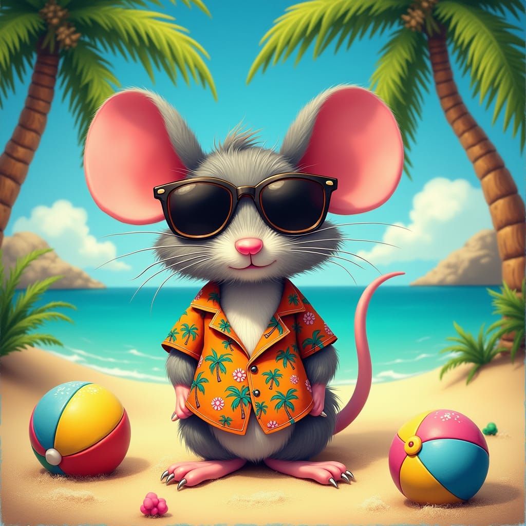 Mouse Lounging on Tropical Beach, Pop-Surrealist Art