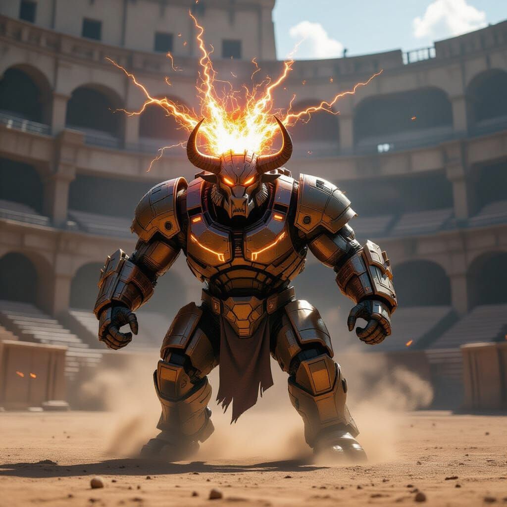 Mecha-Minotaur Gladiator in Electric Plasma Arena