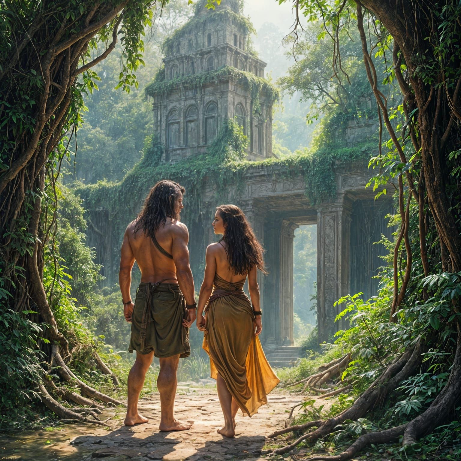 Tarzan and Jane Stand Before Ancient Temple Ruins