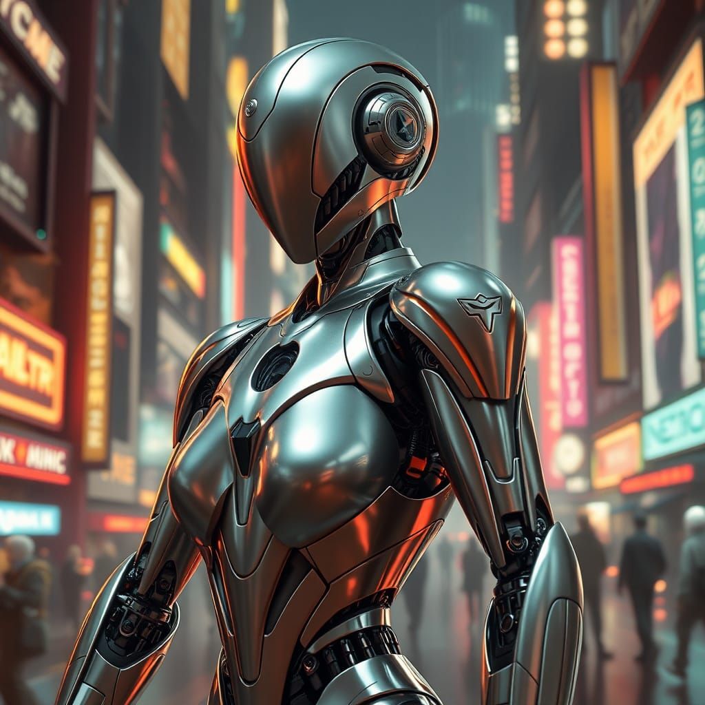 Futuristic Robot in Neon Cityscape, Inspired by Syd Mead