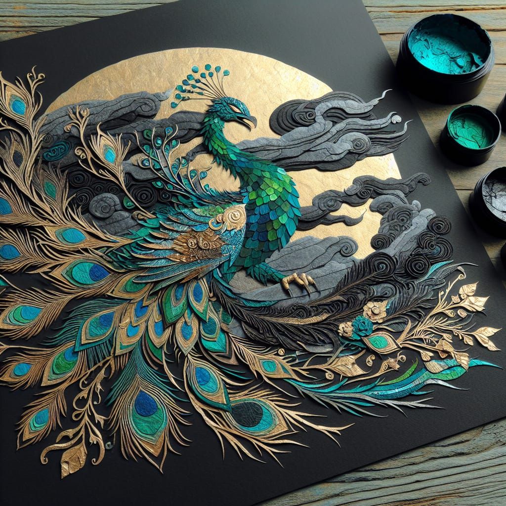 Majestic Dragon Unfurls Peacock Tail in Celestial Dance