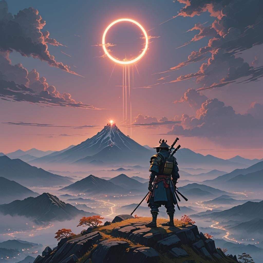 Samurai Ascends Misty Peak in Divine Radiance