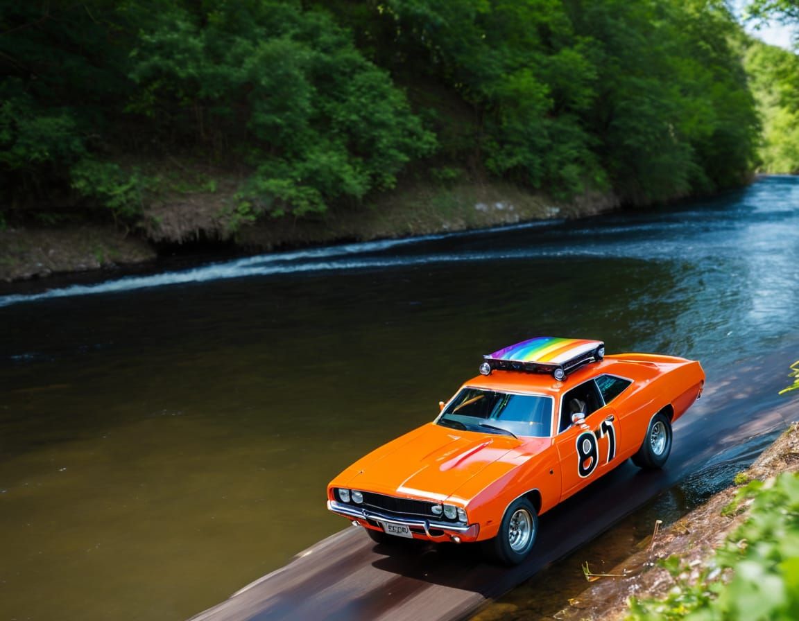 General Lee Car Jump with Pride Flag