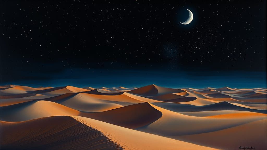 Sahara Desert Midnight Scene as Gouache Painting