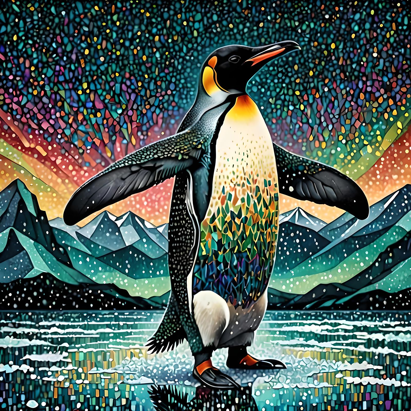 King Penguin Dance on Ice in Pointillism Style