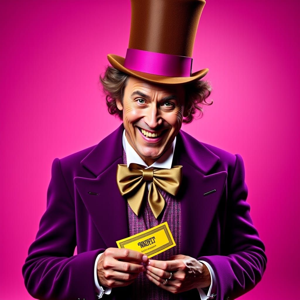 Willy Wonka in Cyberpunk Style Holding Golden Ticket