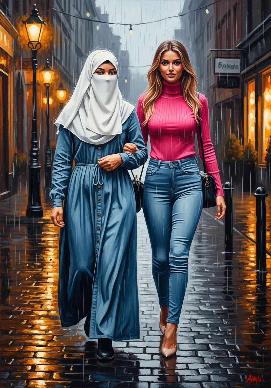 Rainy City Walk: Hijabi and Friend in Oil Painting