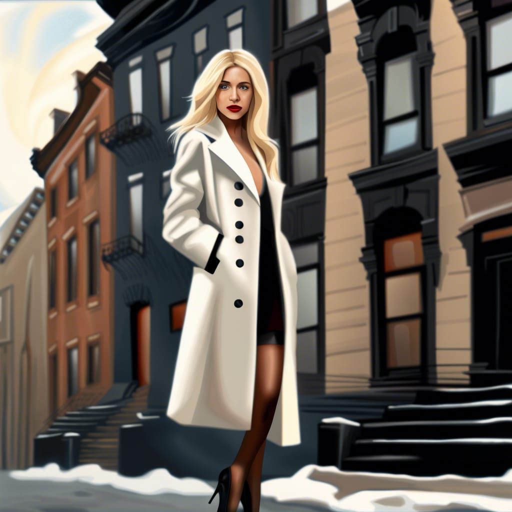 Elegant Woman in White Coat with Blurred Background