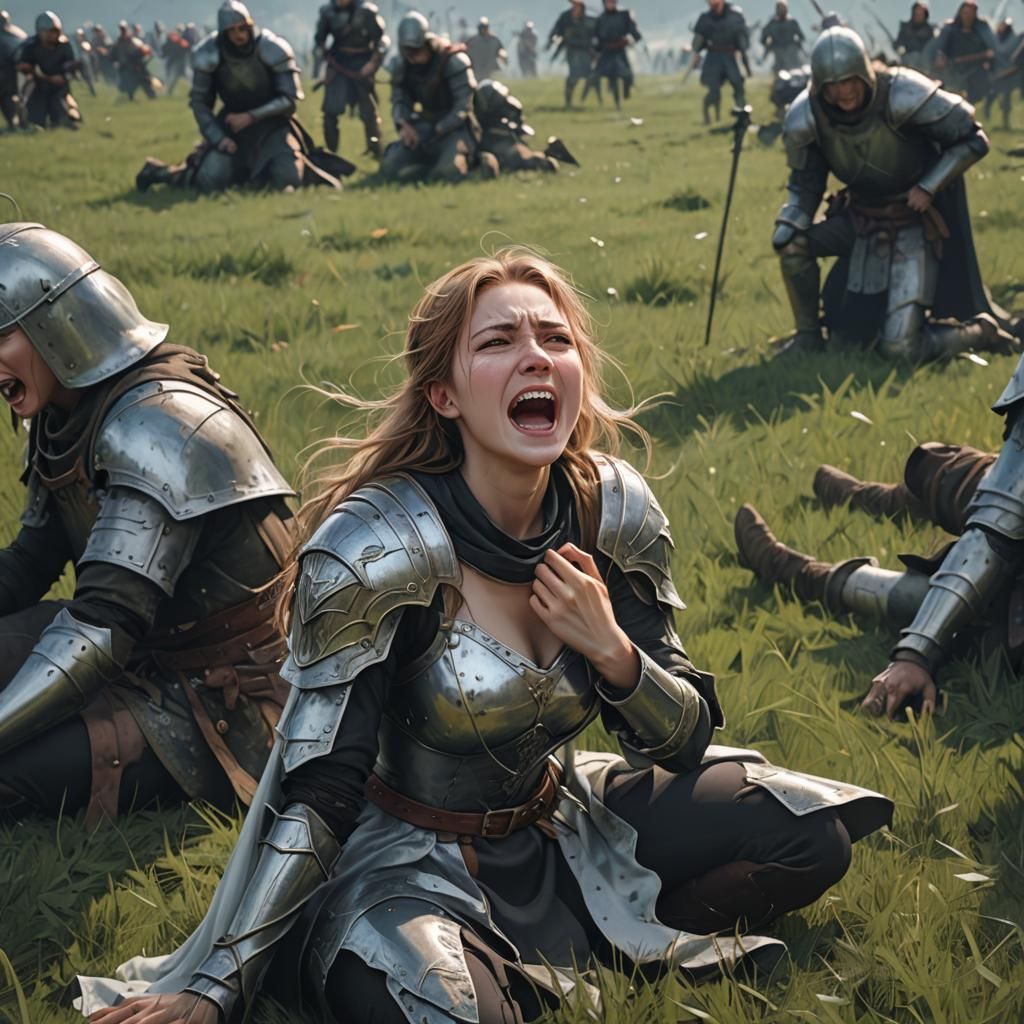 Medieval Battlefield: Woman's Anguish in Anime Style