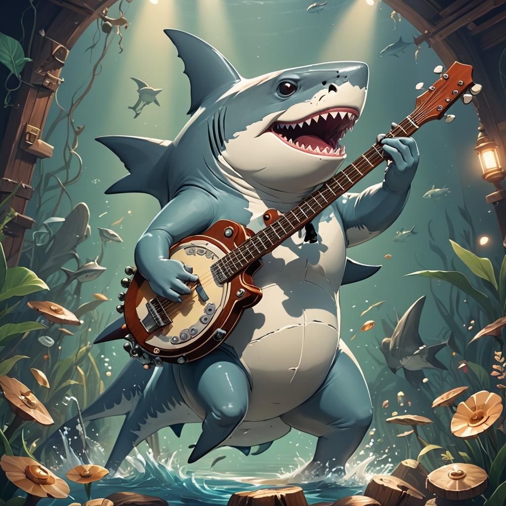 Shark Serenades on Banjo: Anime-Style Art