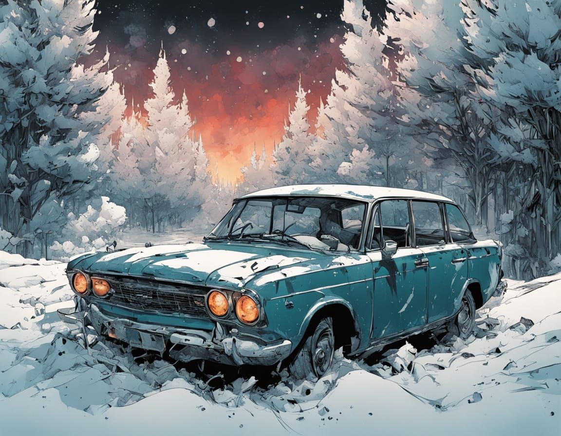 Surreal Winter Landscape with Retro Car and Aurora