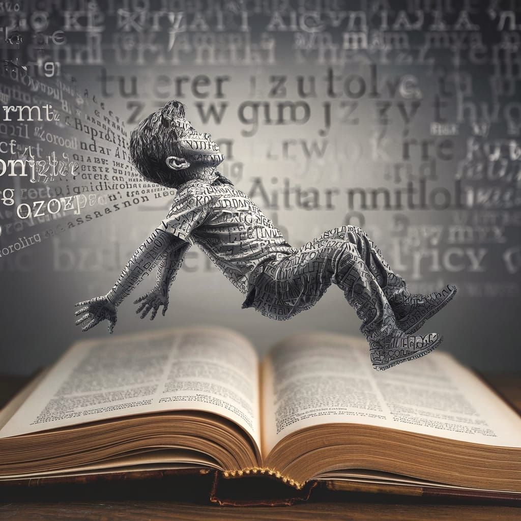 Book Letters Form a Falling Boy in a Wonderland-Inspired Sce...