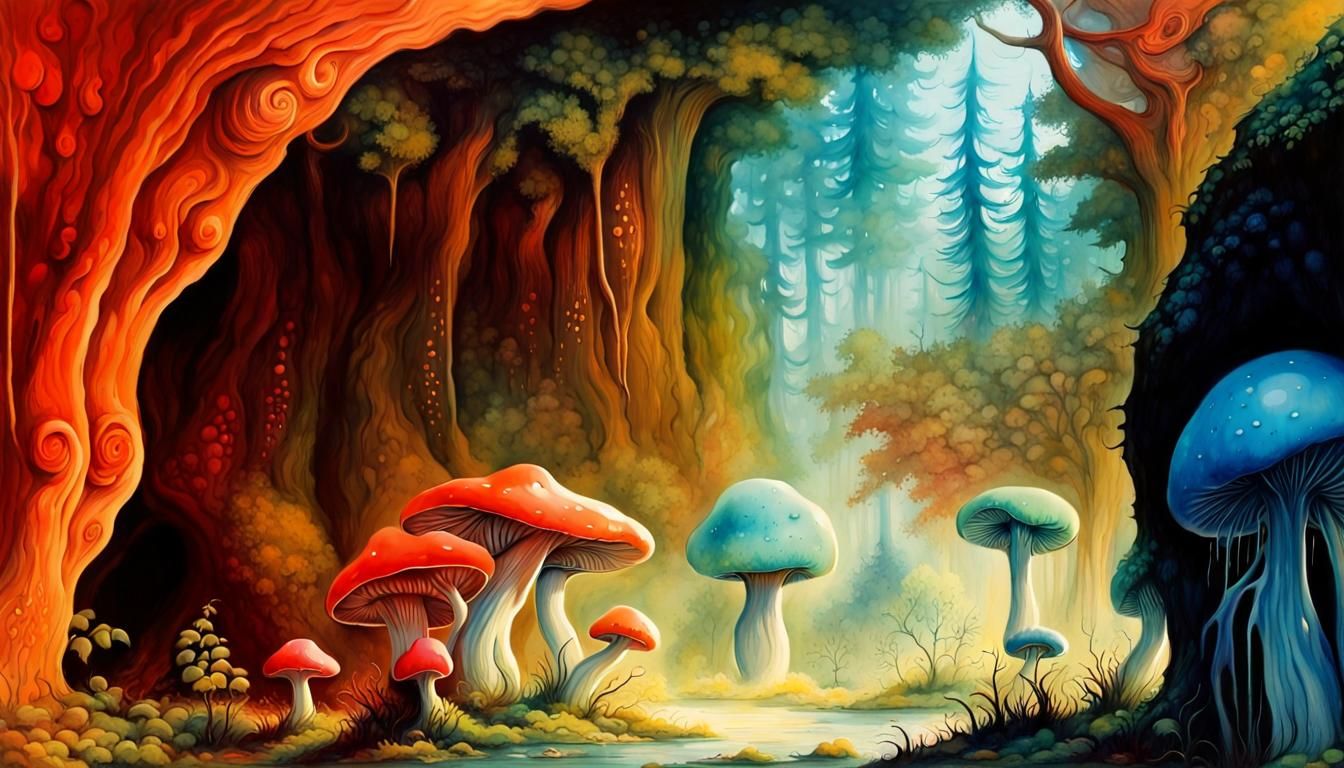 Magical Mushroom Forest in Watercolor Graffiti Art