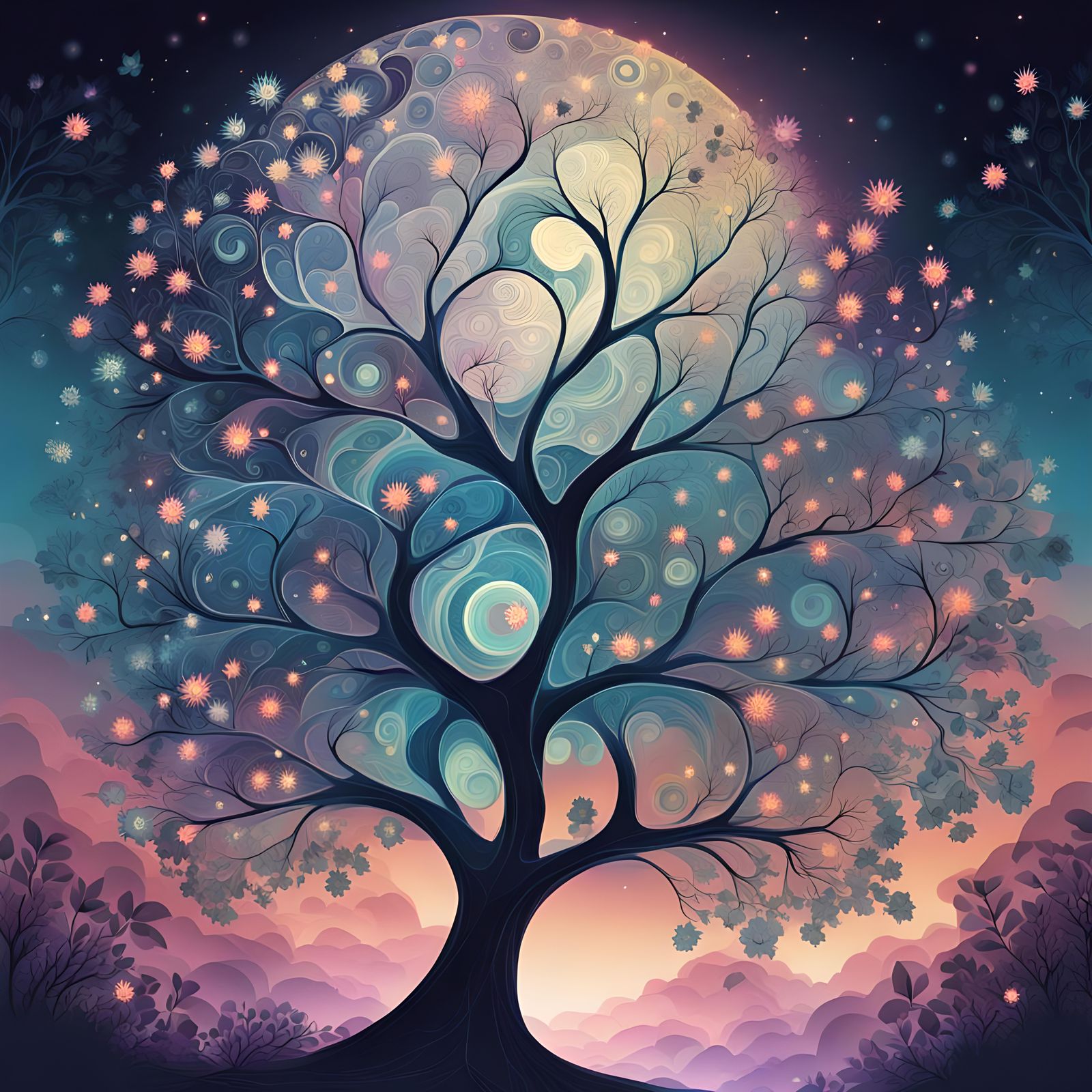 Moonlit Tree with Flowers in Abstract Fractal Style