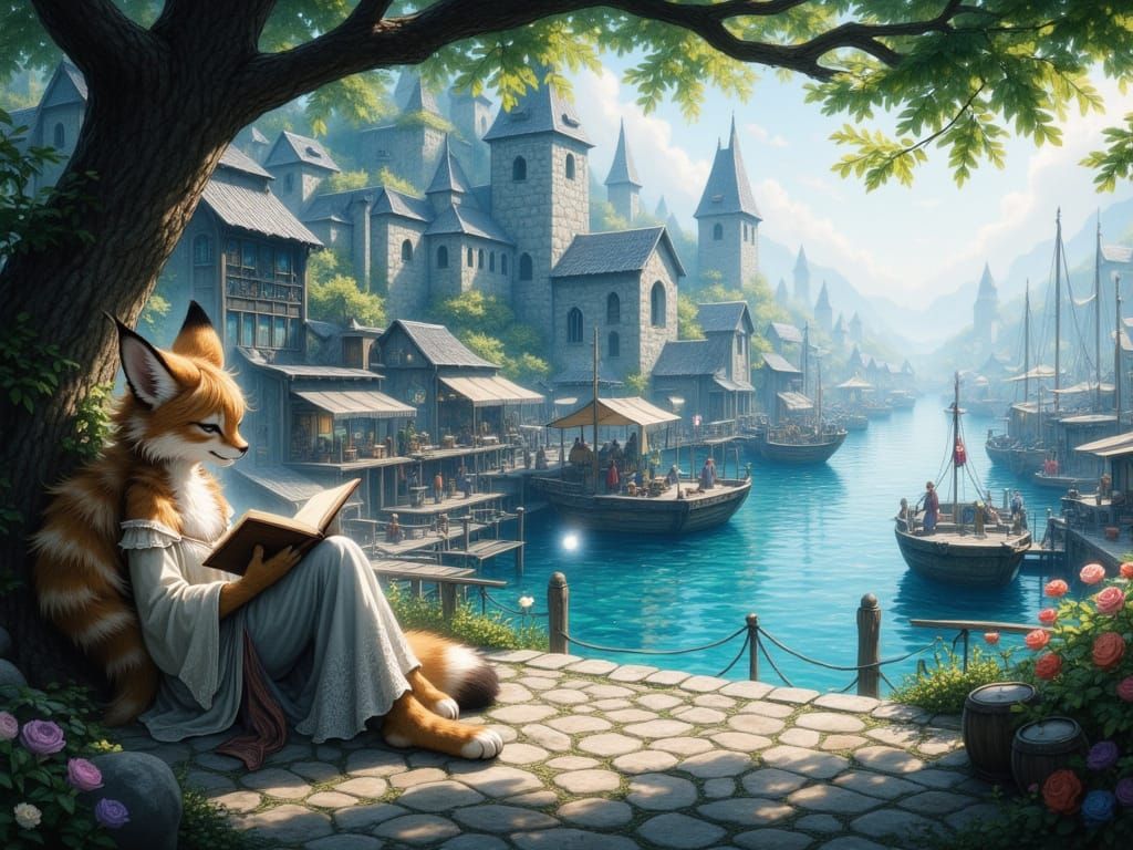 Binary Harbour Scene with Anthropomorphic Lynx