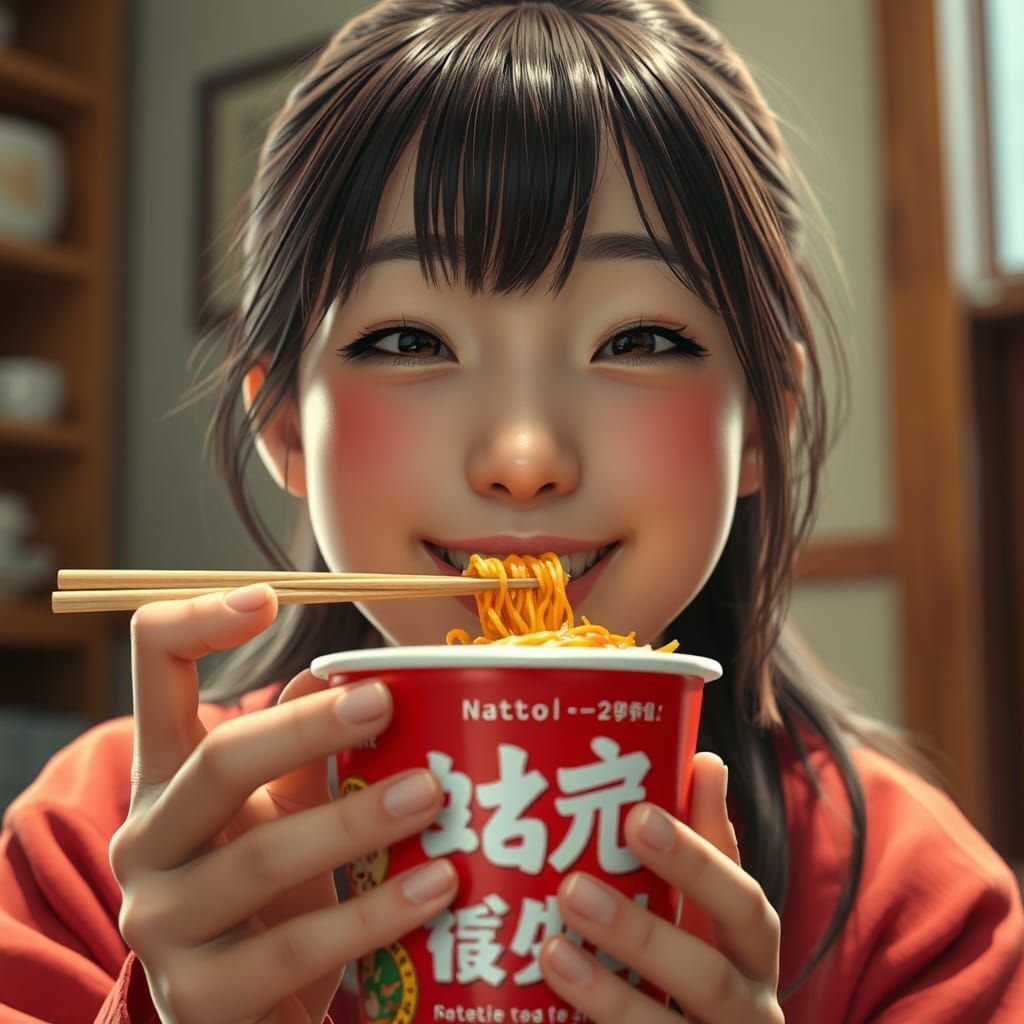 Japanese Girl Enjoys Spicy Noodles: Detailed Digital Art