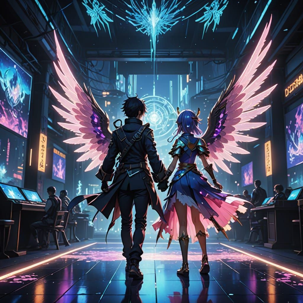 Ethereal Fairies Dancing on Glass in Cyberpunk Style