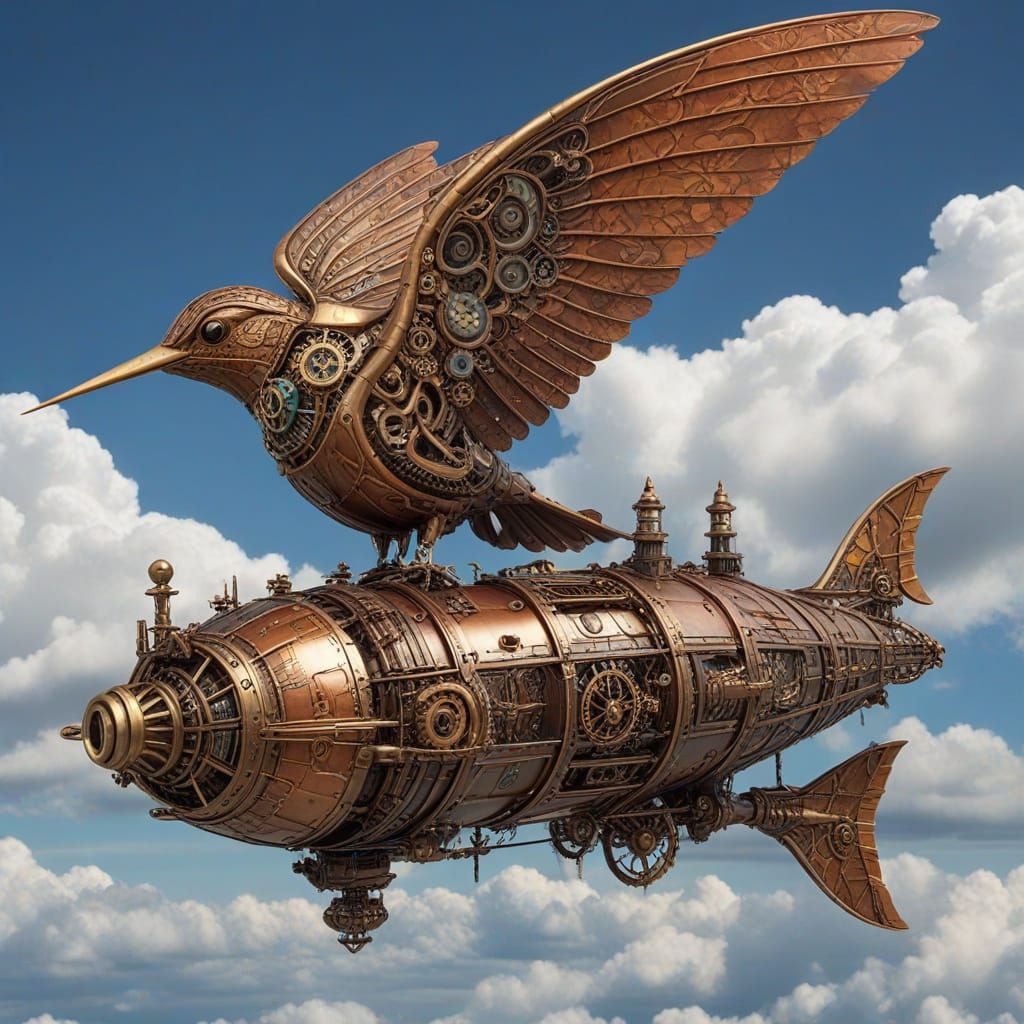 Steampunk Hummingbird Airship Soaring Through Gear-Filled Sk...