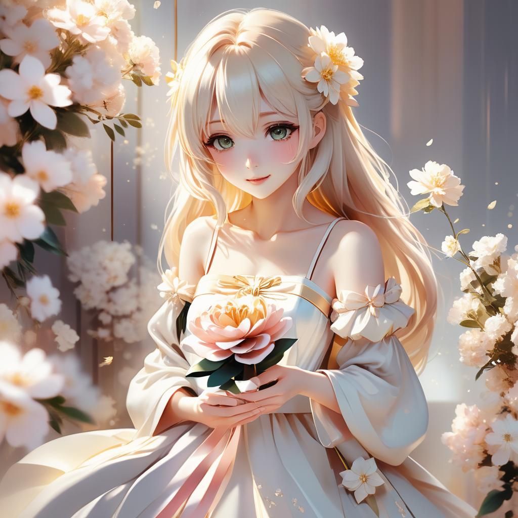 Anime Girl with Gift Flower in Ethereal Lighting