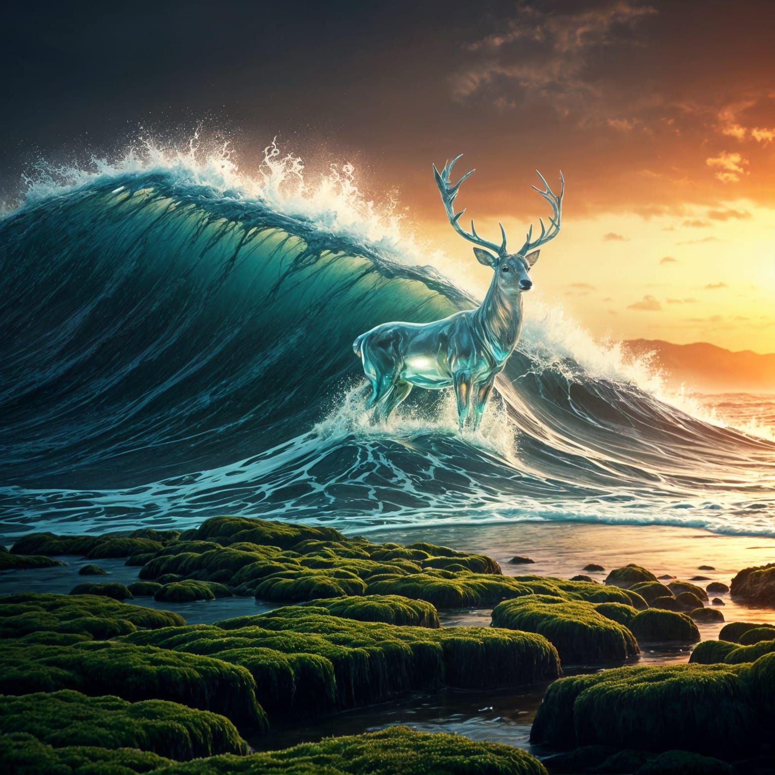 Seawater Deer Emerging from Crashing Wave