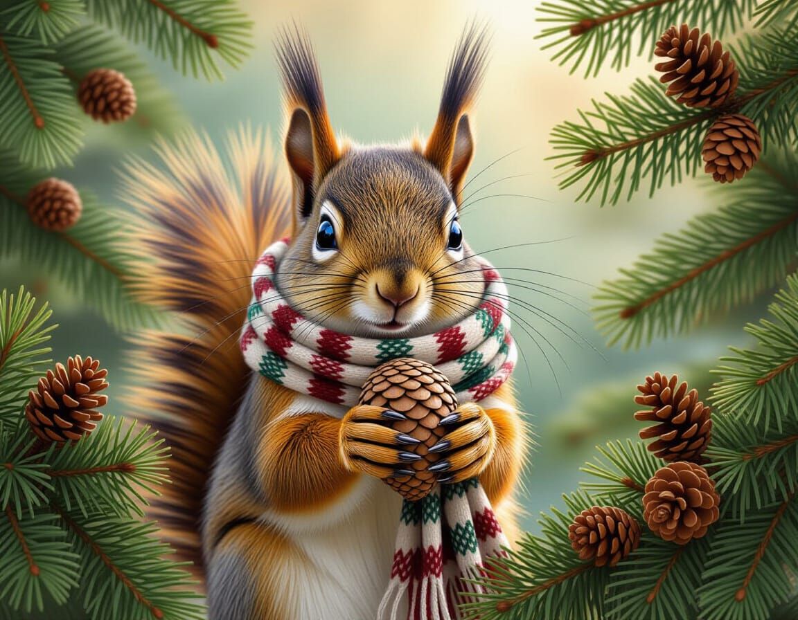 Squirrel with Cedar Cone in Sfumato Style