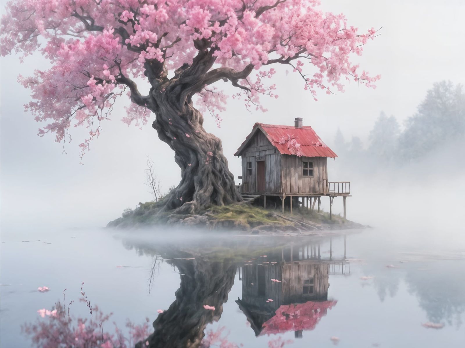 Ethereal Digital Painting of Misty Island Treehouse