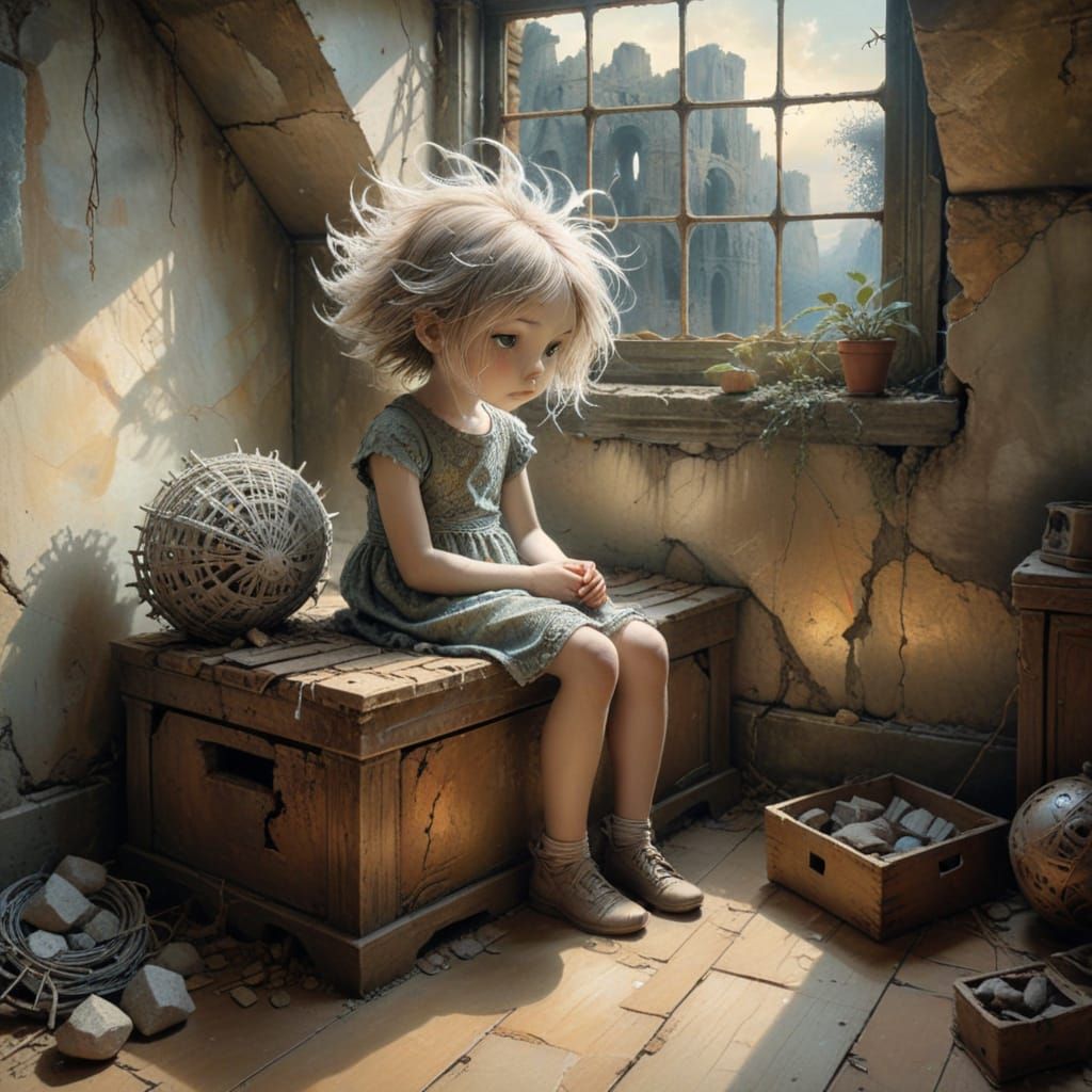 Iridescent Girl Among Ancient Ruins in Zentangle