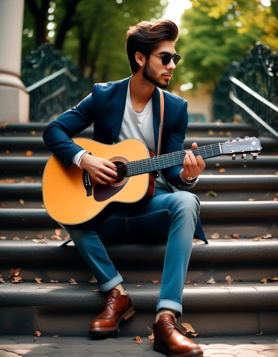 Man Playing Guitar in Park, Hyperrealistic Style