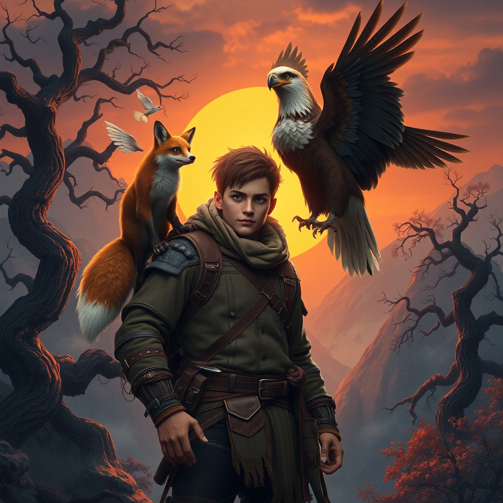Adventurer in Twilight Realm with Eagle and Fox