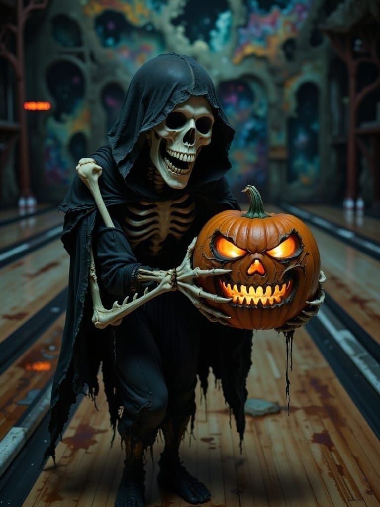 Skeleton Bowling with Jack-o'-Lantern: Cinematic Still