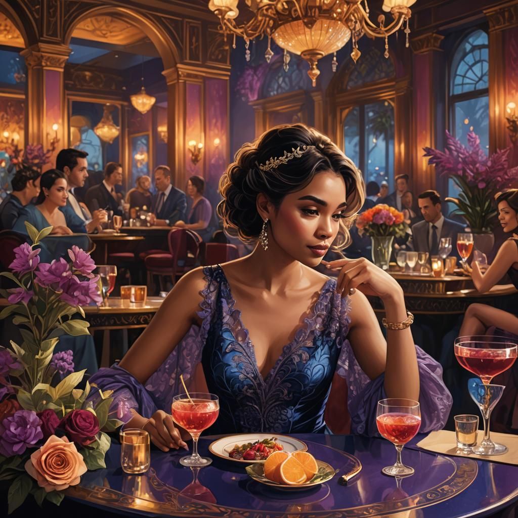 Enchanting Restaurant Scene: A Romantic Fantasy Illustration