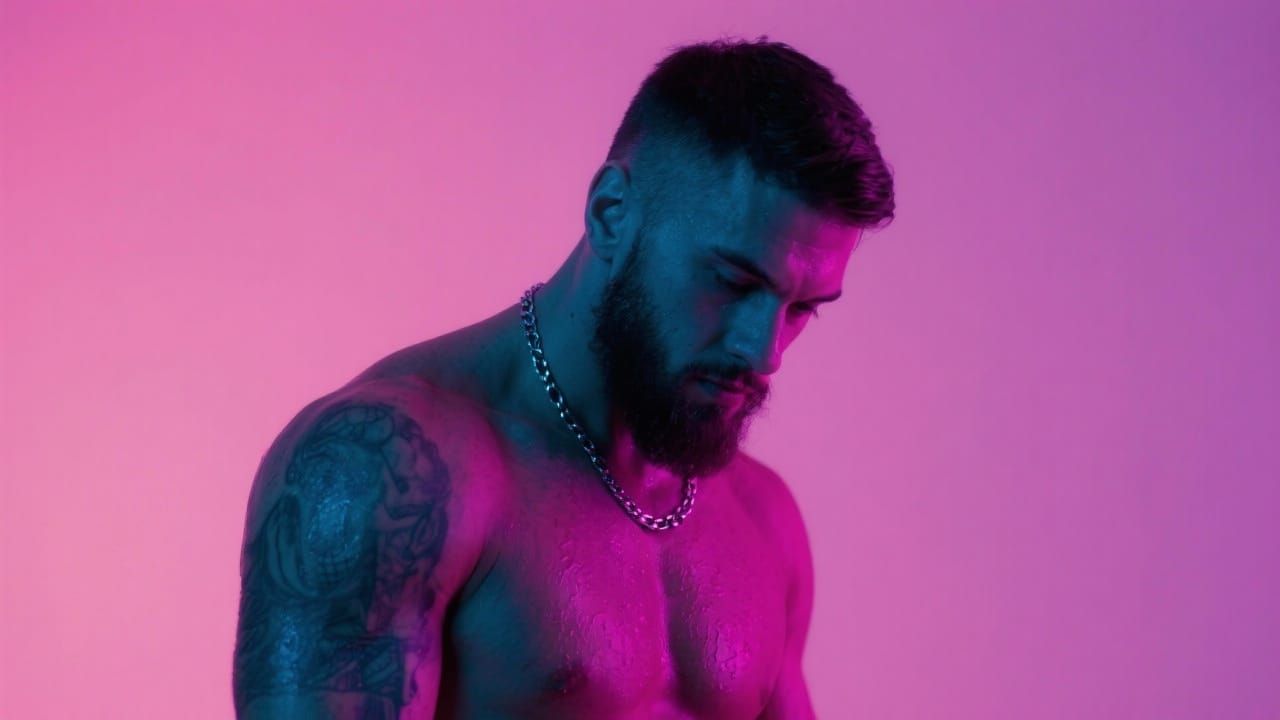 Muscular Man Portrait with Neon Lighting